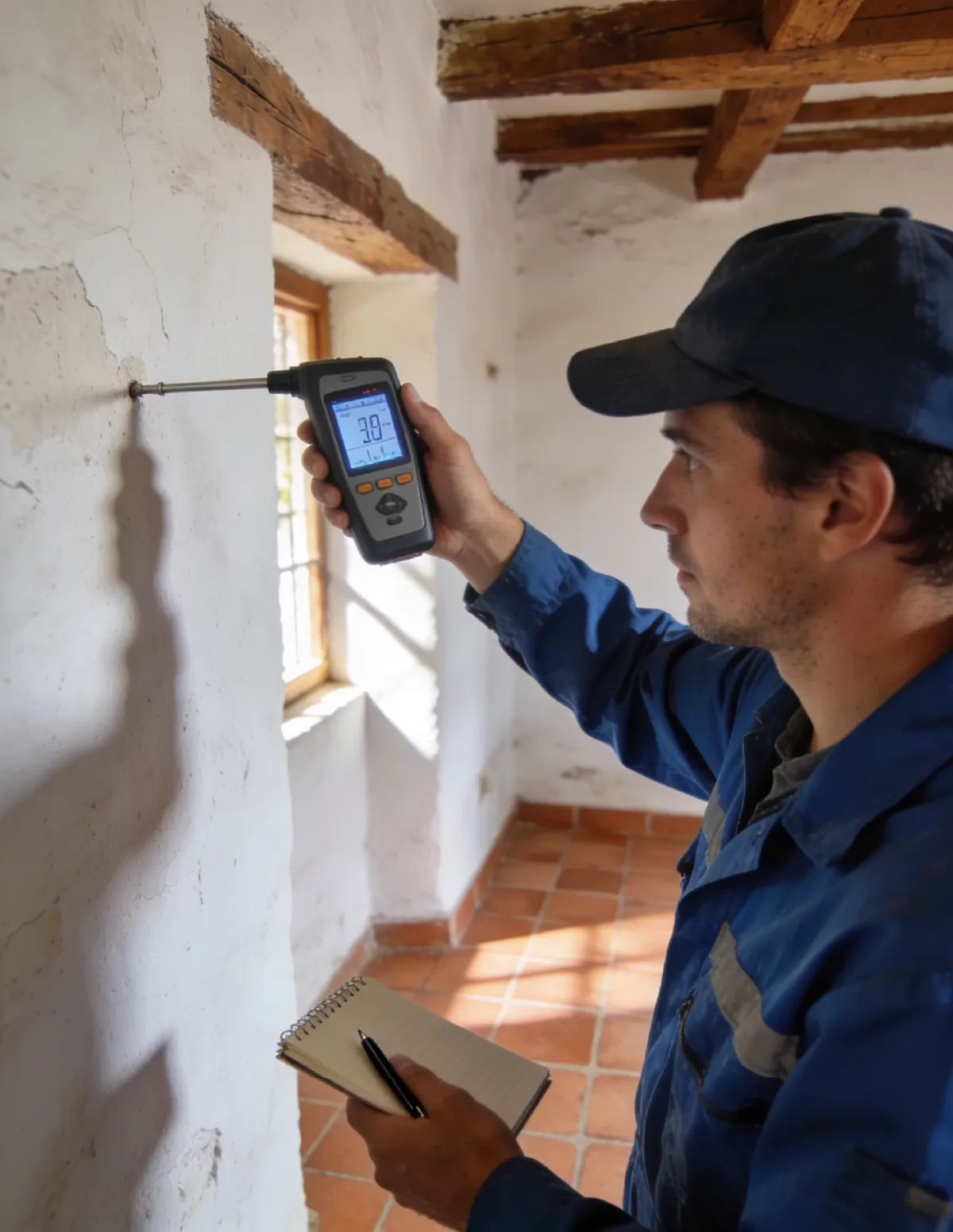 Técnico HUMIX midiendo la humedad de un muro antiguo en Medina del Campo